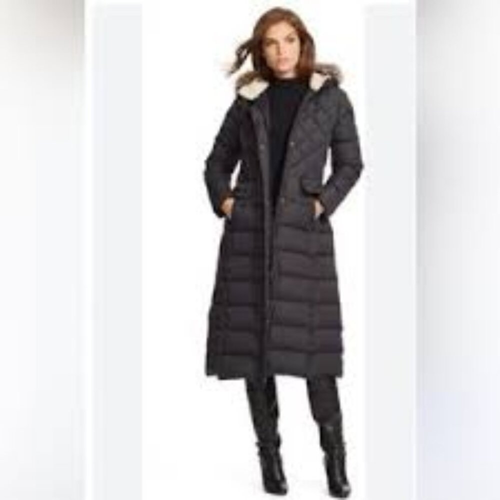 Lauren Ralph Lauren Down Fur Hooded Quilted Maxi Long Puffer Coat Black M New